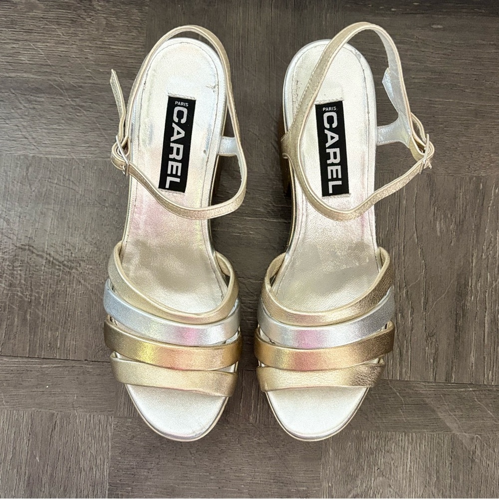 CAREL PARIS Silver And Gold Leather Platform Pumps Size 40/ 9 US - Picture 3 of 9